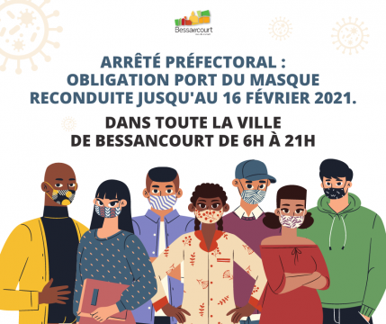 ArrêtÉ préfectoraL : obligation port du masque reconduite jusqu'au 16 février 2021.